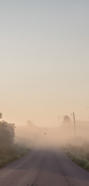 Grey sky fades into peachy mist that covers an old country road receding over a small rise in the distance.
