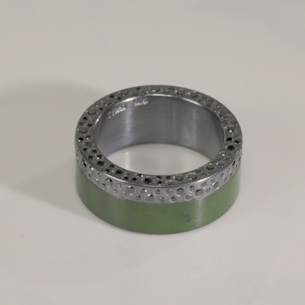 Todd Reed ring in Sterling silver with patina, green jade and black brilliant cut diamonds (~1.246ct)