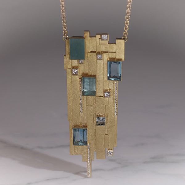 Todd Reed necklace with White diamonds (~2.73ct), aquamarine (~26.01ct), 18k yellow gold, and 14k yellow gold.