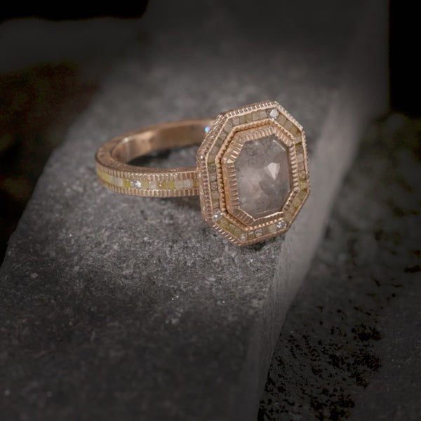 Todd Reed ring in 18 karat rose gold set with natural grey diamond(2.27cts), raw diamond cubes(.90cts), and white brilliant cut diamonds(.08cts)