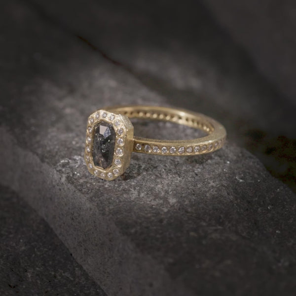 Todd Reed ring in 18 karat yellow gold, with natural black diamond(.95cts) and white brilliant cut diamonds(.04cts)