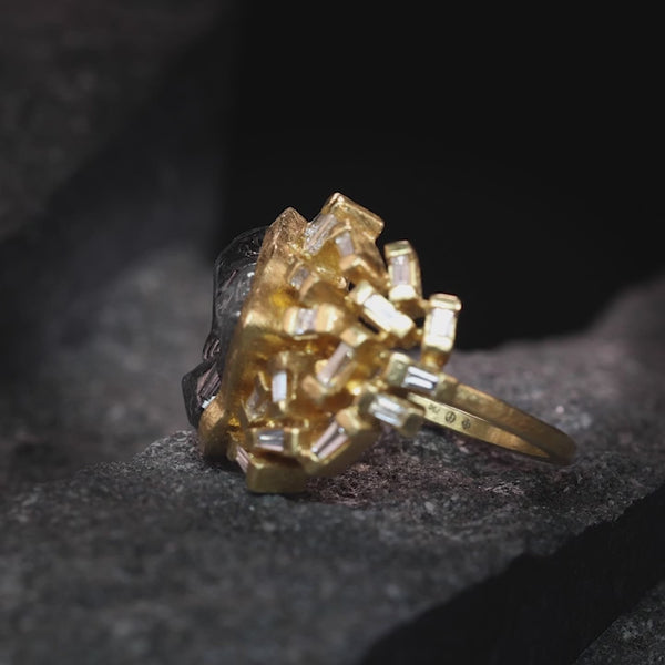 Todd Reed Ring with a rough diamond (8.13ctw) and white baguettes (0.37ctw) in 18k yellow gold.