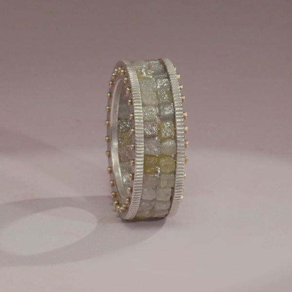 Todd Reed ring in Sterling silver, 18 karat yellow gold, and raw diamonds(14.9cts)