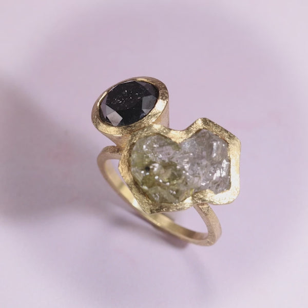 Todd Reed ring with a rough diamond (6.11ctw) and brilliant cut diamond (3.26ctw) in 18k yellow gold.