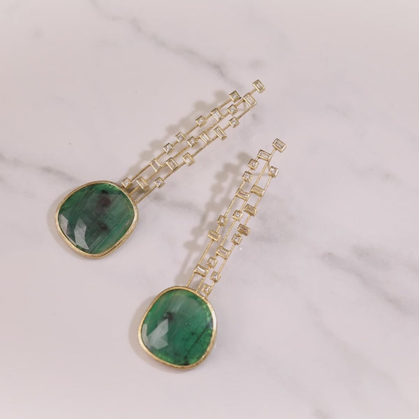 White diamond baguettes (~.32ct), Todd Reed earrings with White princess cut diamonds (~.36ct) emerald slices (~18.49ct), and 18k yellow gold